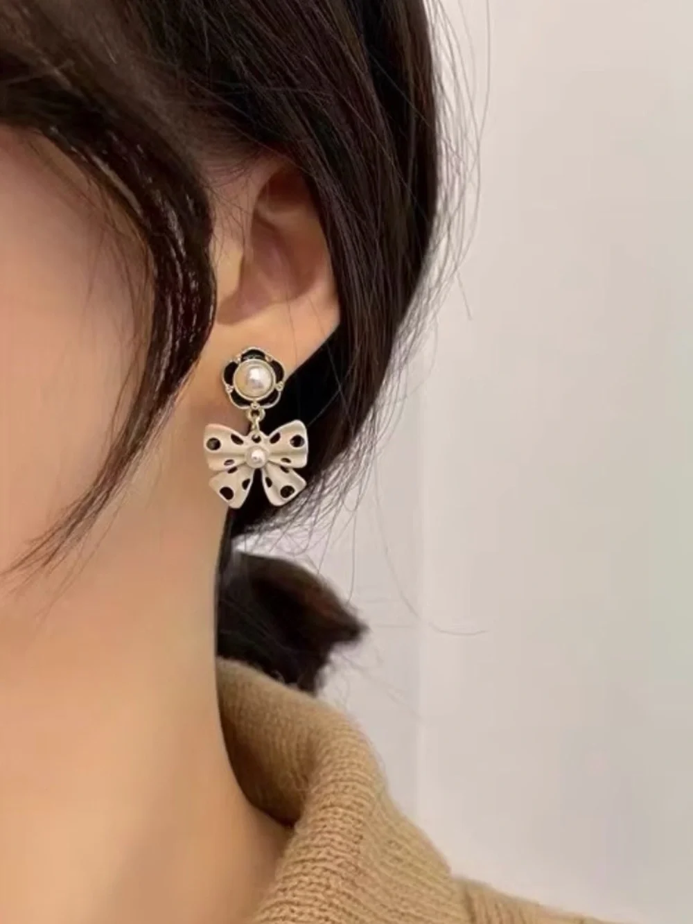 Pearl Accent Silver Bow Drop Earrings
